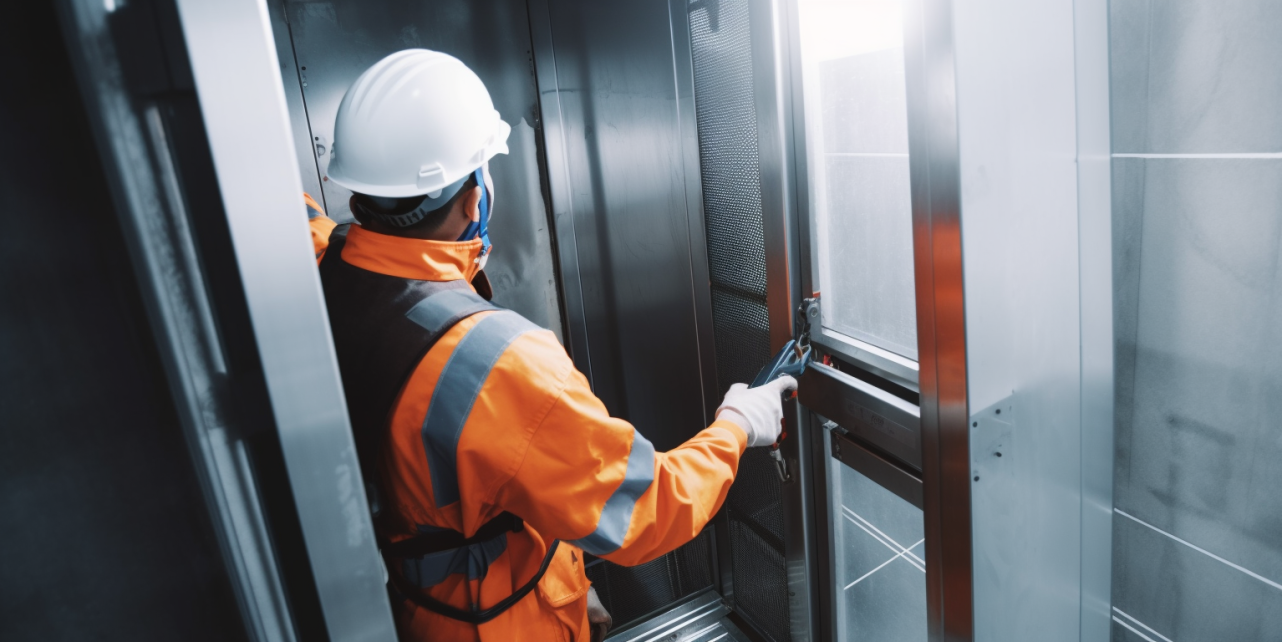 Detalhe de componentes internos durante inspeção de elevador