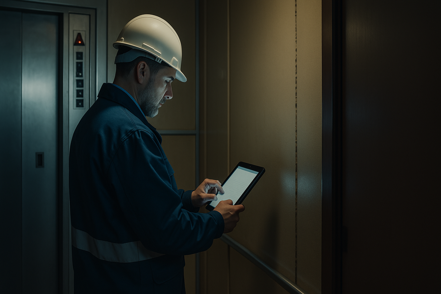 Técnico especialista realizando manutenção preventiva em elevador ENGIPRO